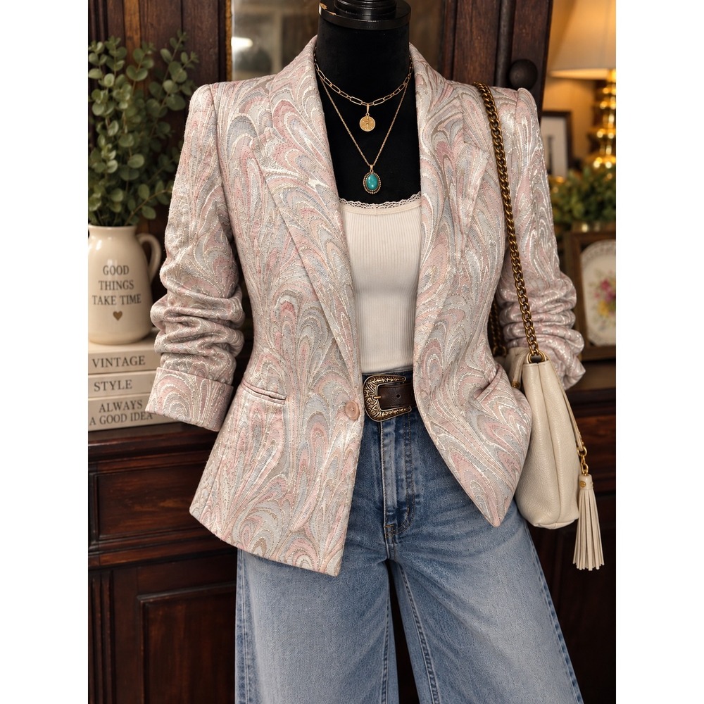 Karen Ellis Paisley Brocade Blazer 9/10 Pink Silver Vintage Made in USA